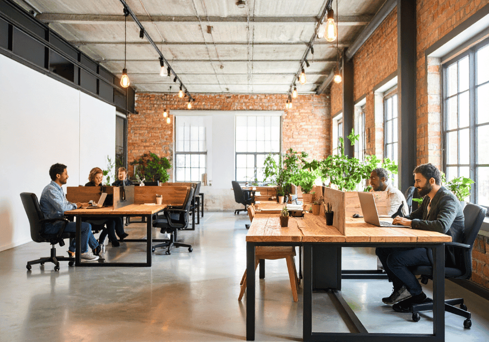 Open-plan office with large windows, natural light, and collaborative workspaces.