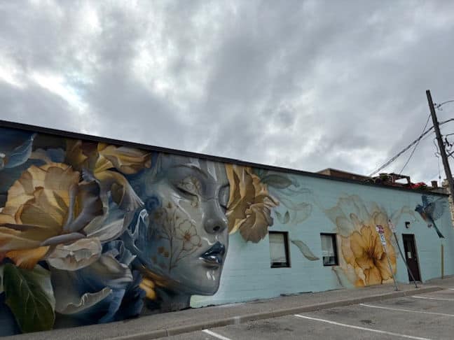 Colorful mural featuring a woman's face and floral designs in an urban setting.