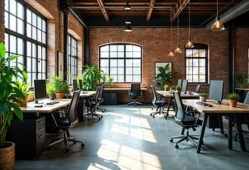Bright office with large windows, plants, and ergonomic desks for a productive work environment.