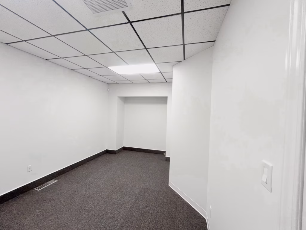 Empty office space with white walls, dark carpet, drop ceiling, and recessed lighting.