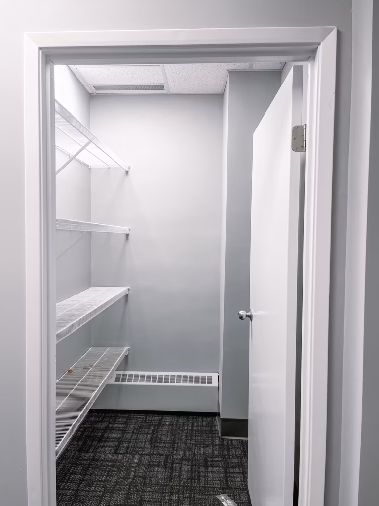 Empty closet with white wire shelving, gray walls, dark carpet, and open white door.
