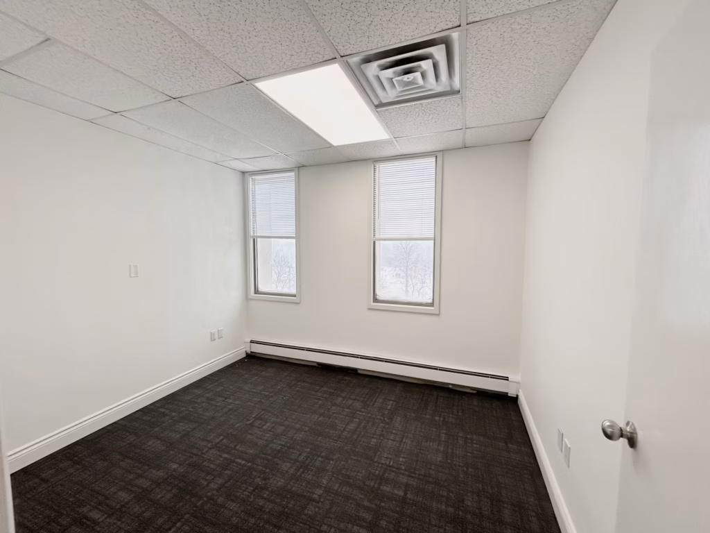 Empty office room with white walls, dark carpet, two windows, ceiling light, and vent.