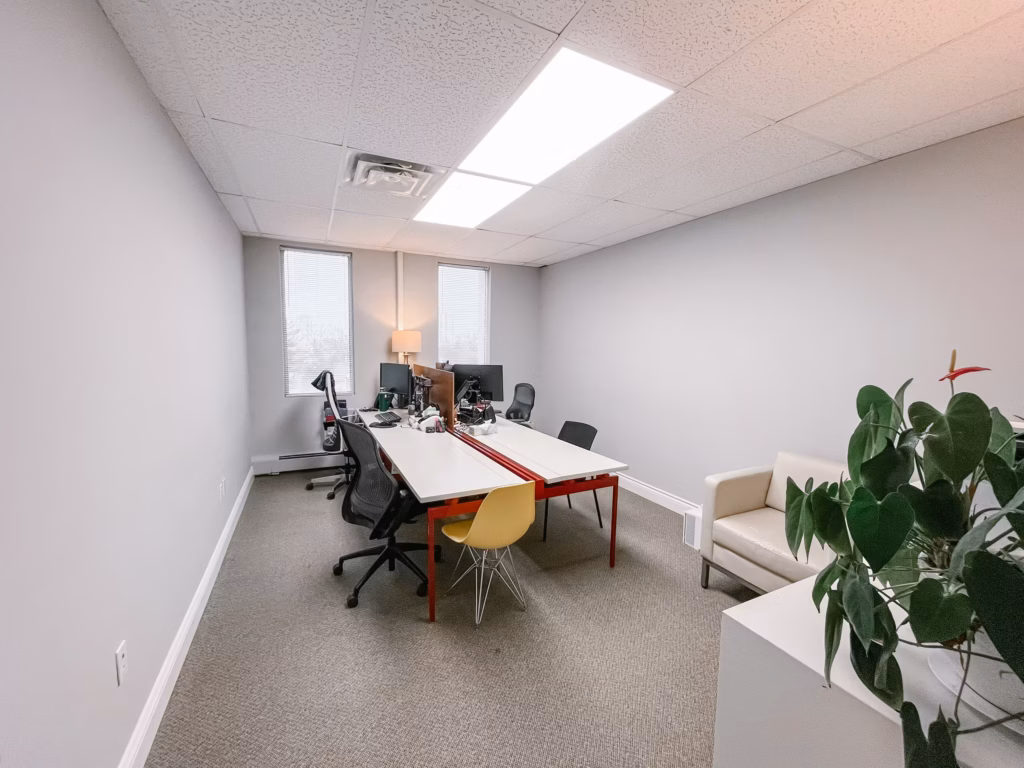 Modern office with white walls, gray carpet, shared desks, computers, and a plant.