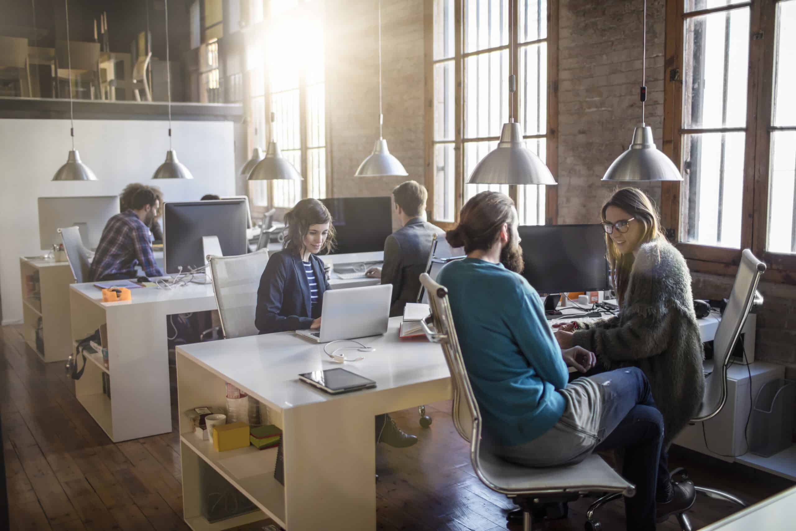 Collaborative team working in a bright, modern office environment with large windows.
