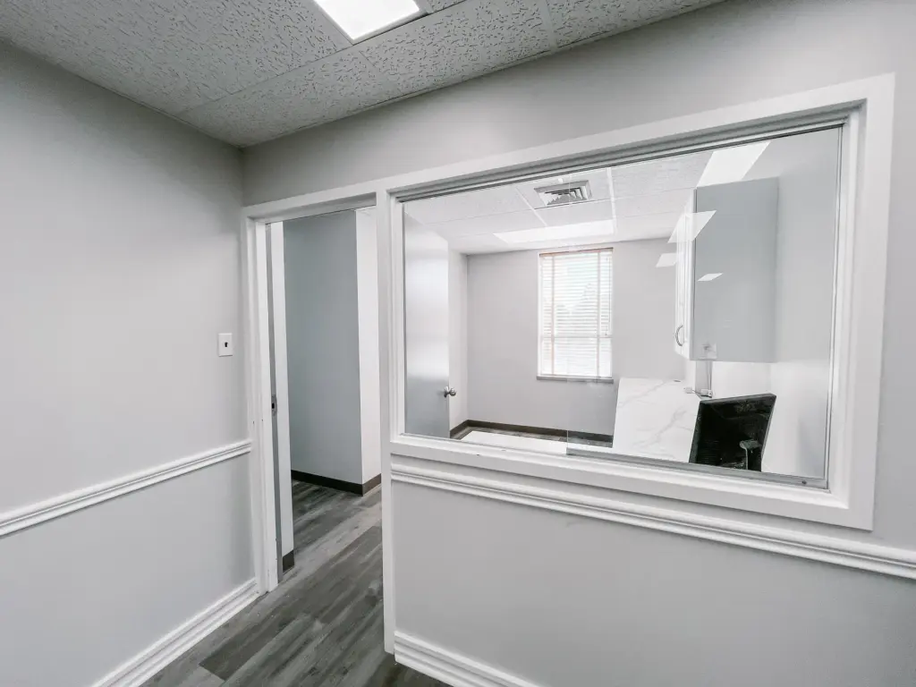Reception window and internal corridor in Suite 205A at 353 St. Paul Avenue, Brantford.